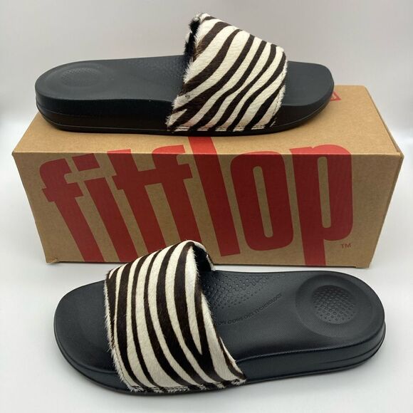 NWT FitFlop Zebra Print Hair-on Leather Slides Size 37/6 - Picture 1 of 11